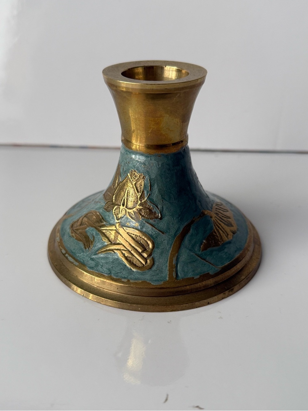 Vintage Solid Brass And Enamel Candle Holder Made In India Flower Pattern